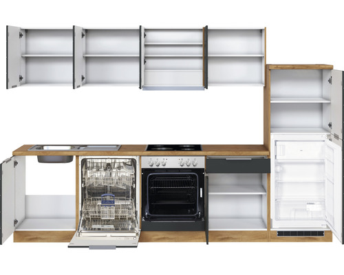 Küchenzeile mit Spüle, Geschirrspüler, Herd, Backofen und Kühlschrank