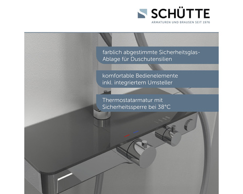 Schütte Thermostatarmatur mit Glasablage und 38 Grad Celsius Sicherheitssperre