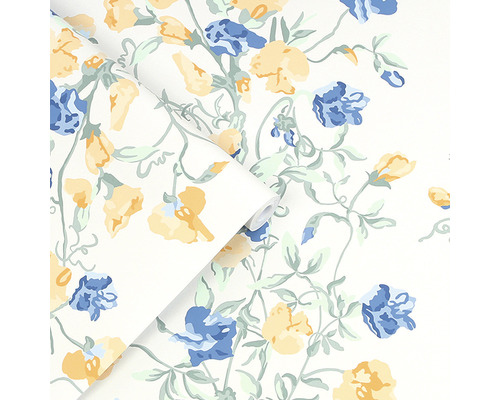 Tapete mit floralem Muster aus gelben und blauen Blüten