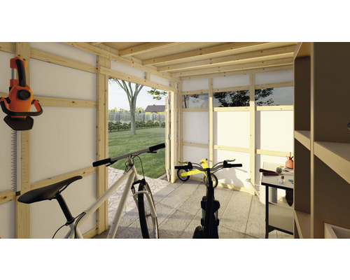 Holzgartenhaus mit Gartengeräten, Fahrrädern und Regalen