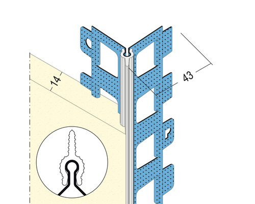 Detailzeichnung eines Putzprofils für Innenecken mit den Maßen 14 Millimeter und 43 Millimeter.