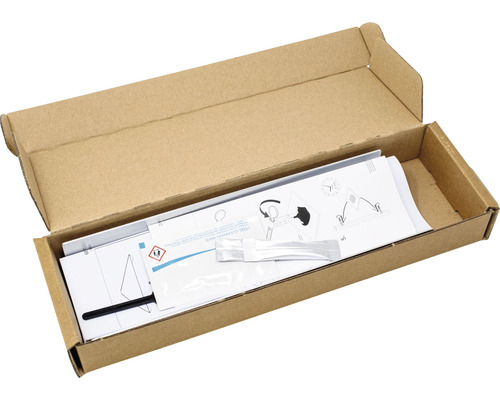 Offener Karton mit Montagezubehör und Anleitung