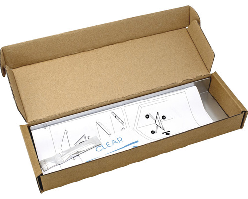 Offene Verpackung mit Montageanleitung und Klebstoff für Wandregal