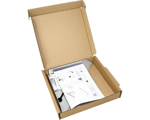 Offene Verpackung mit Montagehalterung und Anleitung