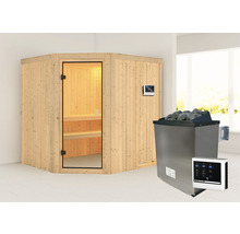 Elementsauna Karibu Romy inkl. 9 kW Ofen u.ext. Steuerung ohne Dachkranz mit bronzierter Ganzglastür