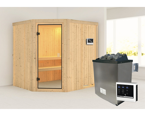 Elementsauna Karibu Romy inkl. 9 kW Ofen u.ext. Steuerung ohne Dachkranz mit bronzierter Ganzglastür