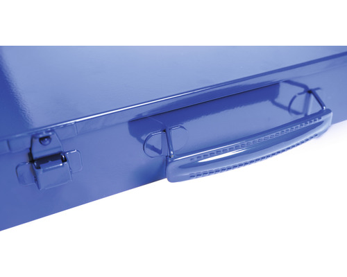 Detailansicht eines blauen Werkzeugkoffers mit Griff und Verschluss