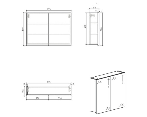 Technische Zeichnung eines Spiegelschranks mit Abmessungen