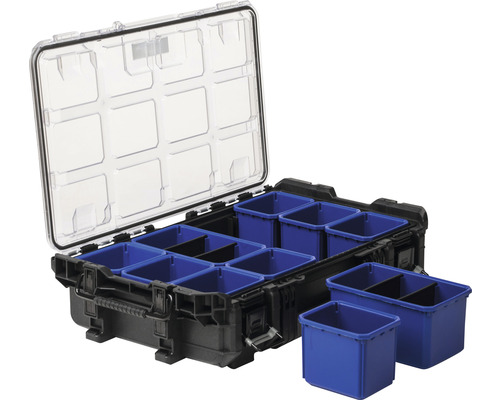 Werkzeugkoffer mit herausnehmbaren Fächern und transparentem Deckel