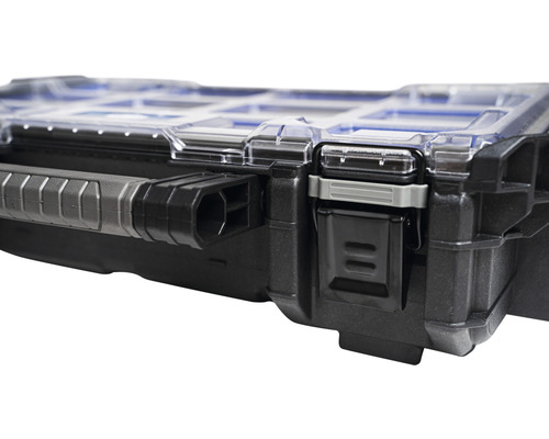 Detailansicht eines schwarzen Werkzeugkoffers mit transparentem Deckel und Griff