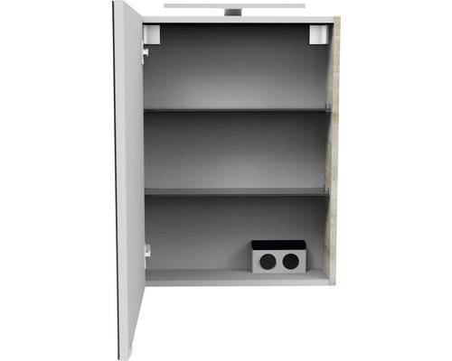 Offener Spiegelschrank mit zwei Regalböden und Steckdosenelement