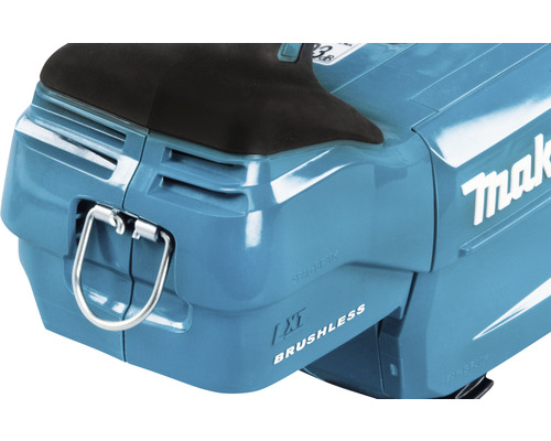 Detailansicht einer Akku-Heckenschere der Marke Makita mit Bügel und Brushless-Technologie