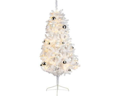 Weißer Weihnachtsbaum mit Dekoration und Lichtern
