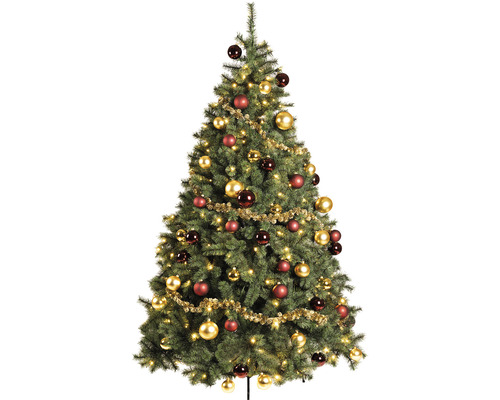 Geschmückter Weihnachtsbaum mit Christbaumkugeln, Girlande und Lichtern