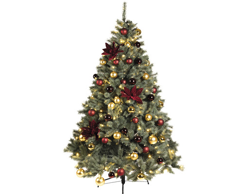 Geschmückter Weihnachtsbaum mit roten und goldenen Kugeln sowie Blumen