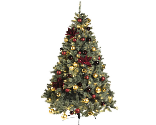 Geschmückter Weihnachtsbaum mit Kugeln und Blumen