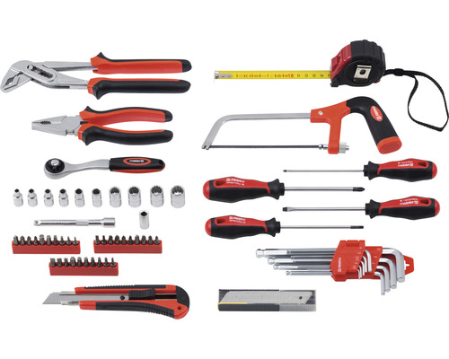 Werkzeugset mit Zange, Schraubendreher, Rollgabelschlüssel, Metallsäge, Schraubenschlüssel, Bits und Messband