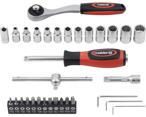 Steckschlüsselsatz mit Ratsche, verschiedenen Stecknüssen, Schraubendreher und Bits