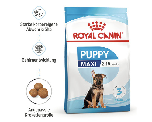 Royal Canin Logo. Verpackung Royal Canin Puppy Maxi Hundefutter für Welpen von 2 bis 15 Monaten zur Stärkung der Abwehrkräfte, zur Gehirnentwicklung und mit angepasster Krokettengröße.