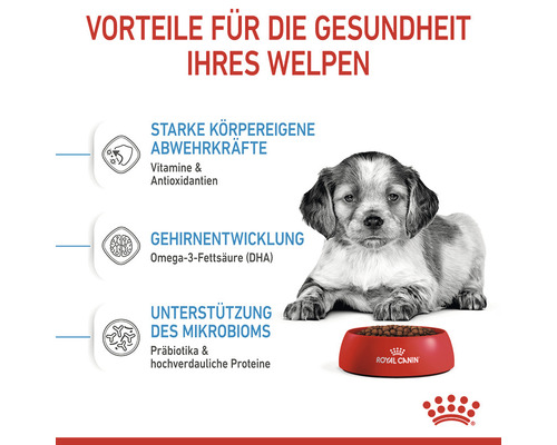 Welpe neben einer Schale Royal Canin Welpenfutter für eine starke Immunabwehr und Gehirnentwicklung