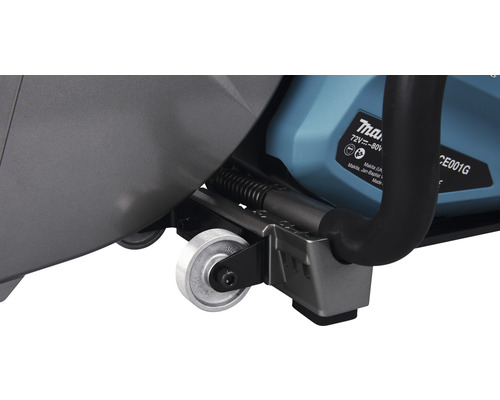 Detailaufnahme einer Makita Akku-Kettensäge mit Metallschiene und Rad