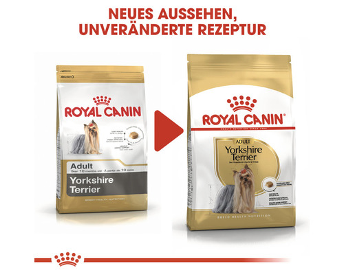 Zwei Royal Canin Yorkshire Terrier Adult Hundefutter Packungen im Vergleich
