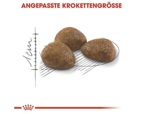 Abbildung von drei Kroketten zur Darstellung der Krokettengröße für Tierfutter.