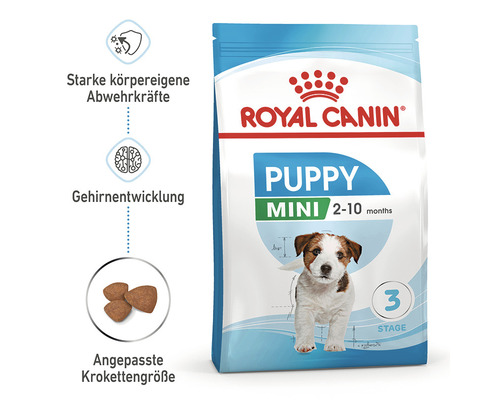 Royal Canin Logo. Welpenfutter Mini für Hunde von 2 bis 10 Monaten.