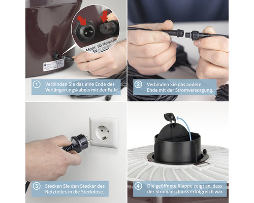 Anschluss des Verlängerungskabels an eine Mückenfalle in vier Schritten