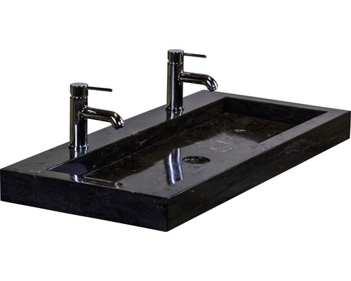 Schwarzes Aufsatzwaschbecken aus Stein mit zwei Armaturen