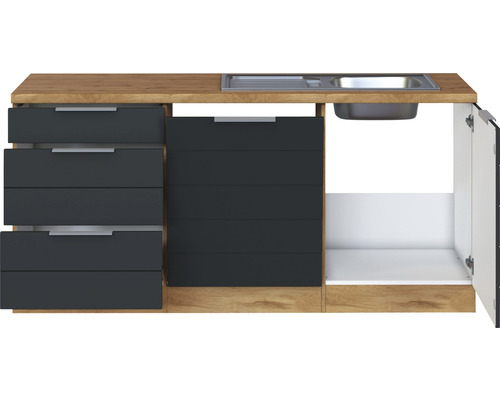 Küchenzeile mit Spüle, Schubladen und Schranktür