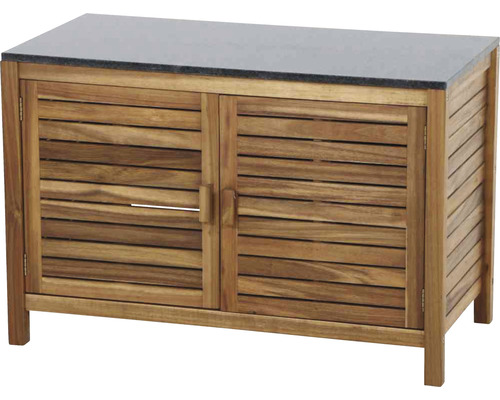 Waschbeckenunterschrank aus Teakholz mit zwei Türen und einer Platte aus Naturstein