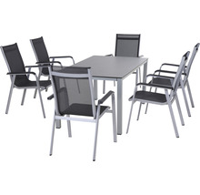 Gartengarnitur mit rechteckigem Tisch und sechs Stühlen aus Aluminium und Textil