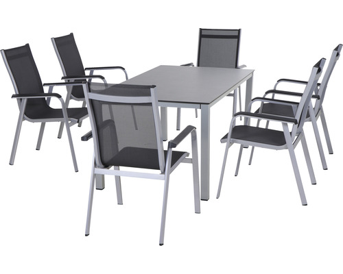 Gartengarnitur mit rechteckigem Tisch und sechs Stühlen aus Aluminium und Textil