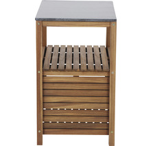 Servierwagen mit Arbeitsplatte aus Stein und Holzregalen