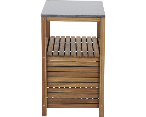 Servierwagen mit Arbeitsplatte aus Stein und Holzregalen