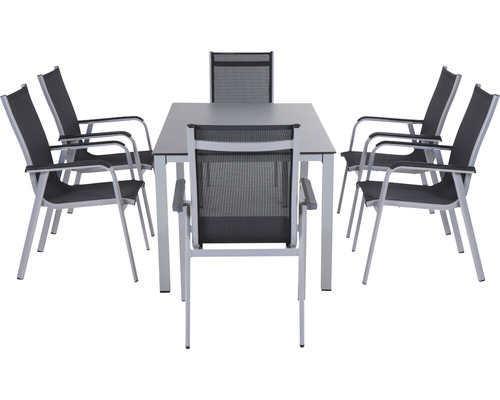 Gartentischset mit sechs Stühlen aus Aluminium und Textilbespannung