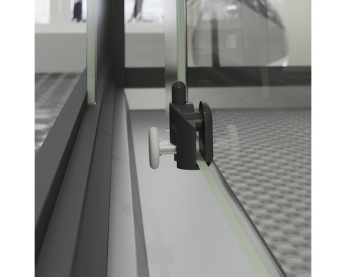 Detailansicht eines Duschkabinen-Elements mit Rollenführung