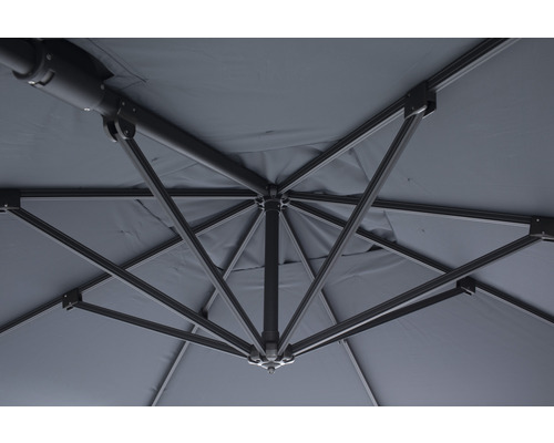 Detailansicht Innenseite eines Sonnenschirms mit Streben und Stoffbespannung