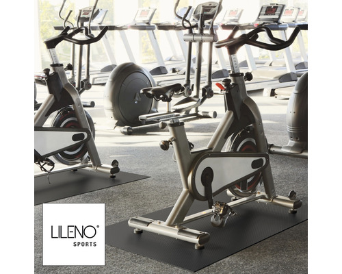 Mehrere Fitnessgeräte wie Heimtrainer und Laufbänder in einem Fitnessstudio. Lileno Sports Logo.
