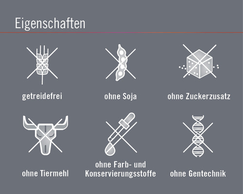 Produktmerkmale: Getreidefrei, ohne Soja, ohne Zuckerzusatz, ohne Tiermehl, ohne Farb- und Konservierungsstoffe, ohne Gentechnik