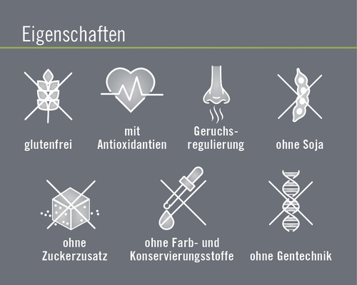 Produktmerkmale: glutenfrei, mit Antioxidantien, geruchsregulierend, ohne Soja, ohne Zuckerzusatz, ohne Farb- und Konservierungsstoffe, ohne Gentechnik