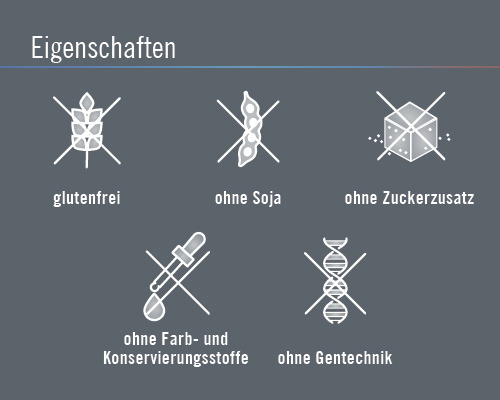 Symbole für: glutenfrei, sojafrei, ohne Zuckerzusatz, ohne Farb- und Konservierungsstoffe, ohne Gentechnik