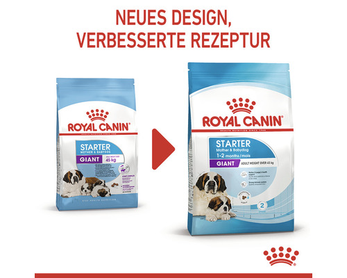 Zwei Säcke Royal Canin Starter Giant Hundefutter mit neuem Design und verbesserter Rezeptur
