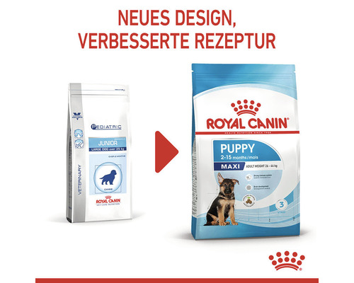 Zwei Verpackungen Royal Canin Hundefutter, links Pediatric Junior Large Dog, rechts Puppy Maxi