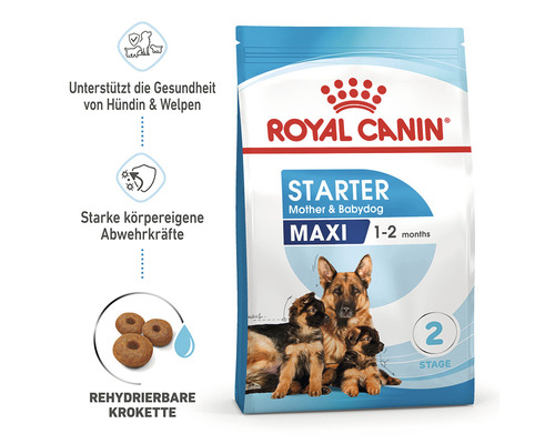 Royal Canin Logo. Trockenfutter für Hündinnen und Welpen großer Rassen im Alter von 1 bis 2 Monaten.