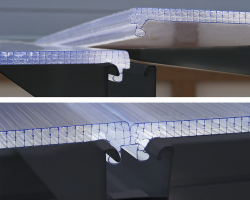Detailansicht von transparenten Doppelstegplatten auf einer Unterkonstruktion.