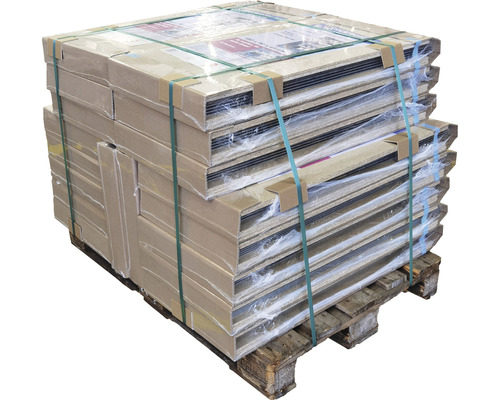 Palette mit Plattenmaterialien, verpackt mit Karton und Folie, mit Umreifungsband gesichert