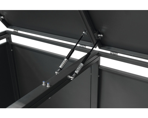 Detailansicht einer geöffneten Aufbewahrungsbox mit Gasdruckfedern