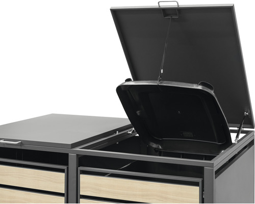Mülltonnenbox mit offenem Deckel und Holzverkleidung